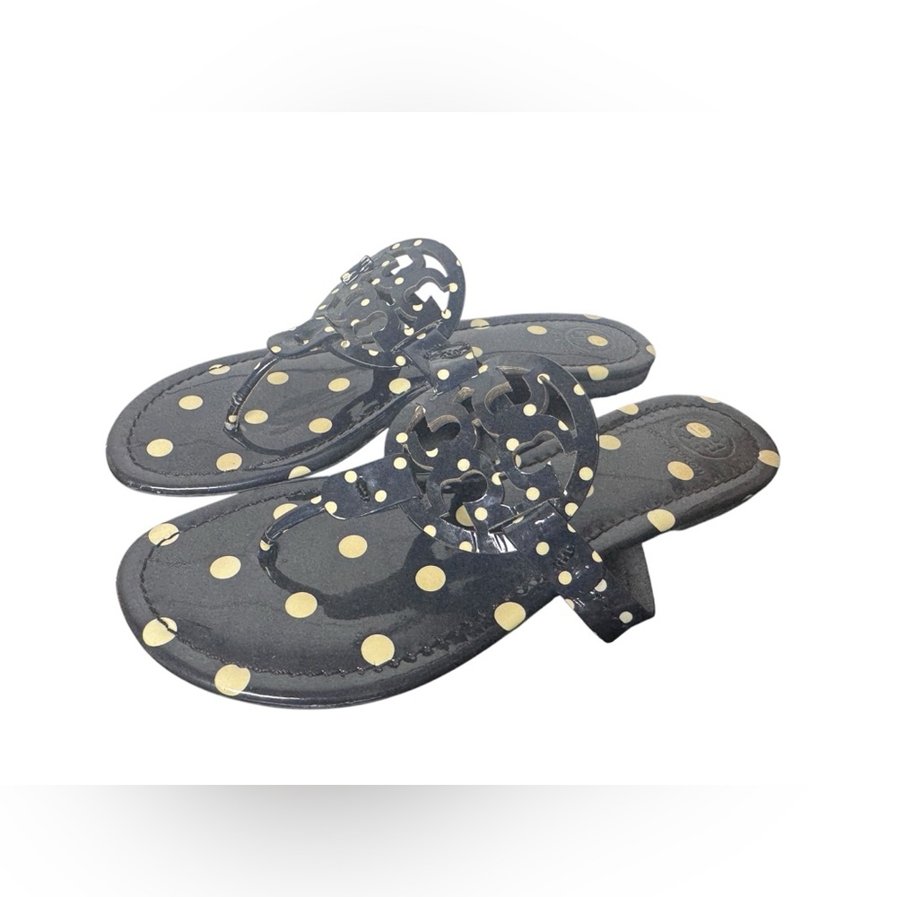 Tory Burch Miller Printed Patent Leather Navy Classic Polka Dot Sandals Sz 8.5 - Picture 2 of 6